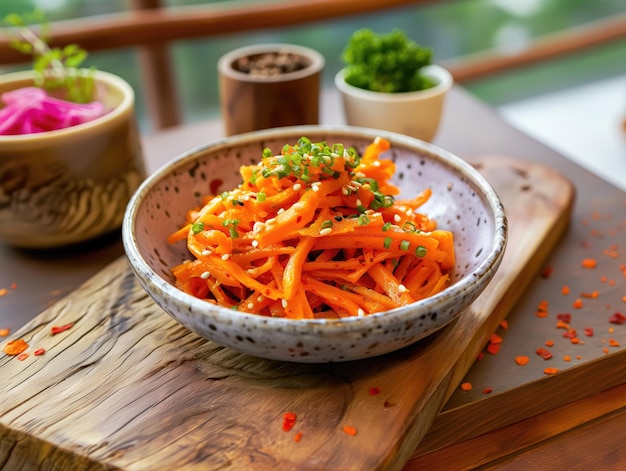 Foto uma tigela de cenouras com uma tigela de vegetais em uma mesa