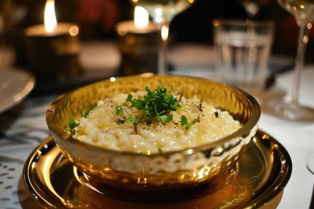 Uma tigela de cerâmica cheia de comida deliciosa senta-se em cima de um prato de ouro brilhante Risotto de trufa branca extravagante revestido em um prato dourado AI Gerado