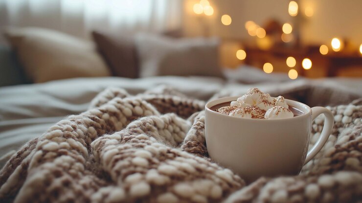 Foto uma tigela de cereais senta-se em uma cama ao lado de uma tigella de biscoitos