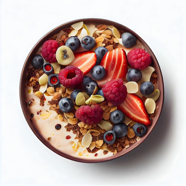 Uma tigela de cereal com frutas e granola
