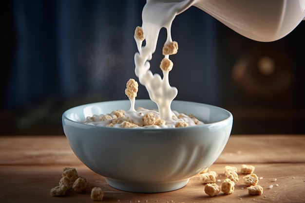 Uma tigela de cereal com um líquido branco sendo derramado