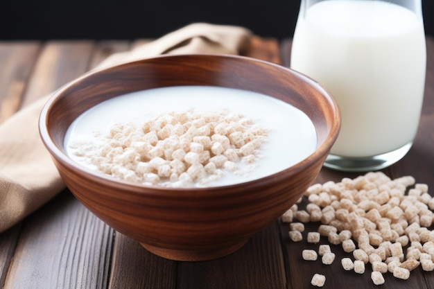 Foto uma tigela de cereal embebido em leite frio