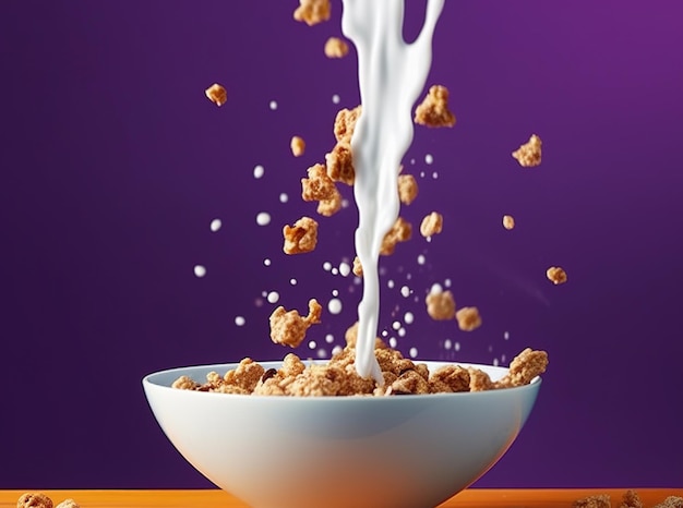 Uma tigela de cereal está sendo despejada em uma tigela com leite despejado nela.