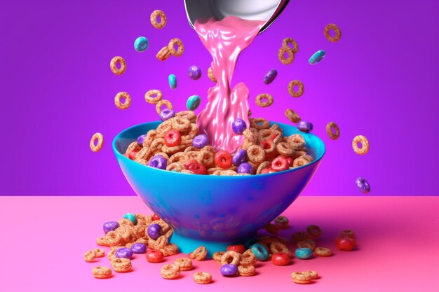 Uma tigela de cereal está sendo despejada em uma tigela com