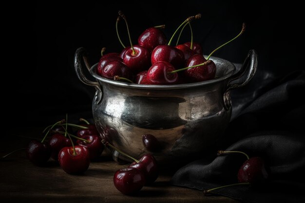 Uma tigela de cerejas com a palavra cerejas