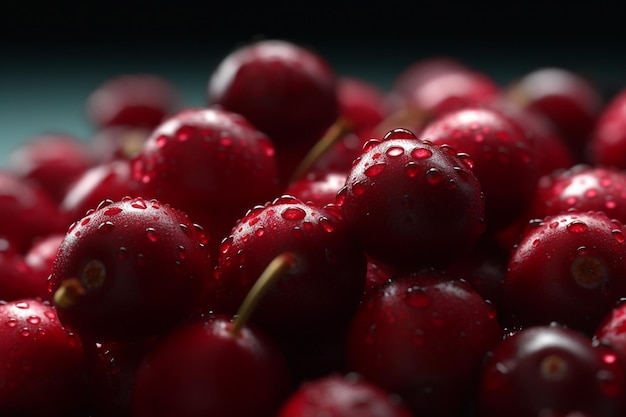 Uma tigela de cerejas com gotas de água sobre elas