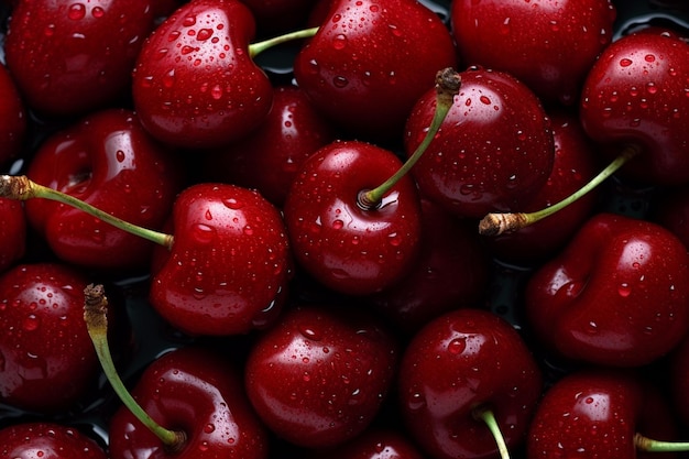 Uma tigela de cerejas com gotas de água sobre elas