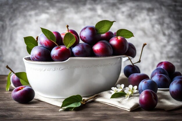 Foto uma tigela de cerejas com uma tigela branca de cerejas em uma mesa