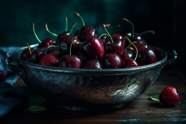 Uma tigela de cerejas em um fundo escuro