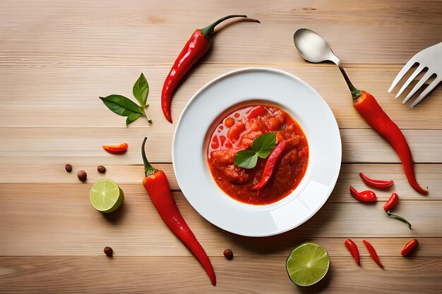 uma tigela de chili com uma colher e uma colher numa mesa de madeira.