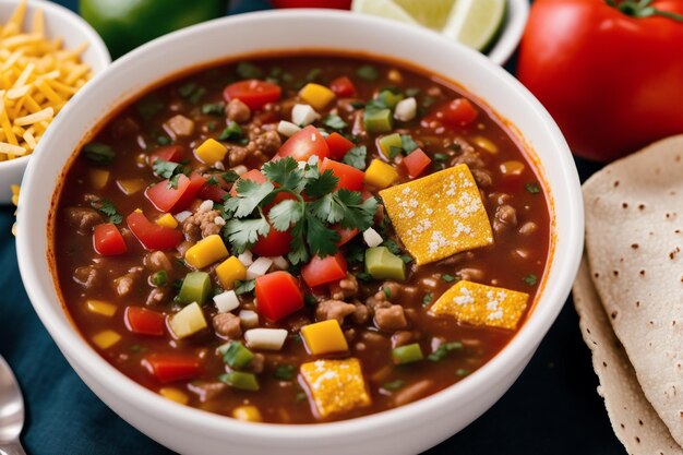 Uma tigela de chili com uma fatia de limão e tomates ao fundo.