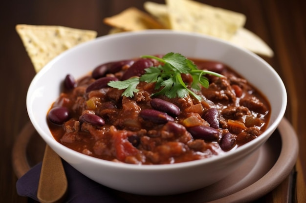 Uma tigela de chili com uma pilha de batatas fritas ao lado