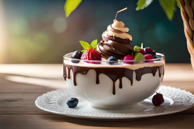 Uma tigela de chocolate com calda de chocolate e frutas vermelhas