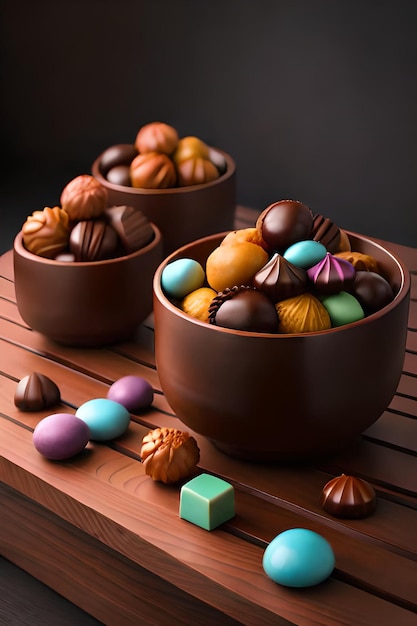 Uma tigela de chocolates com chocolates de cores diferentes.