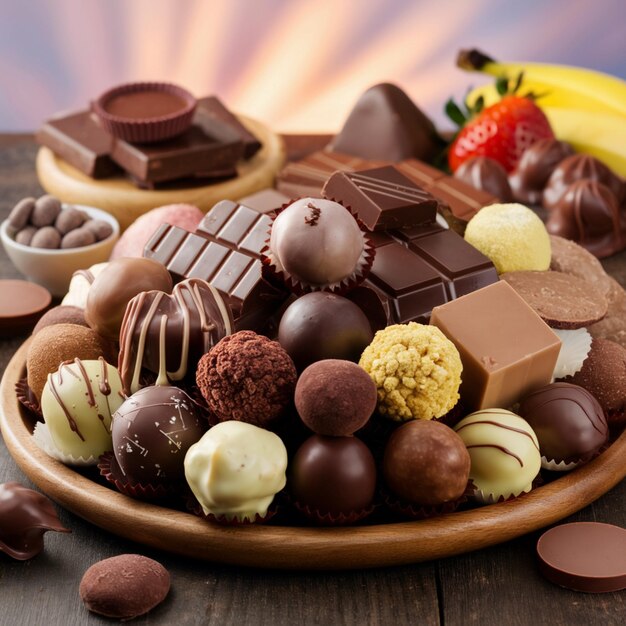 Foto uma tigela de chocolates e chocolates estão em uma mesa