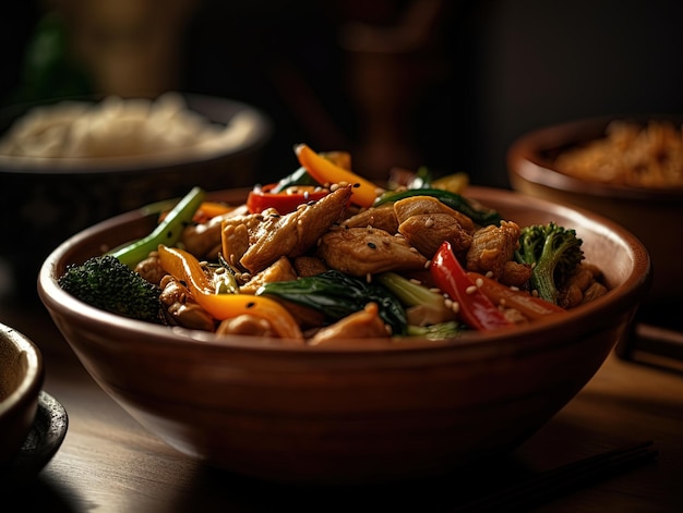 Uma tigela de comida chinesa com uma tigela de frango e legumes.