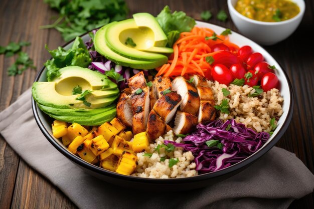 Foto uma tigela de comida com arroz, abacate, tomates e outros vegetais uma tigela de alimentos nutritivos com uma mistura de arroz, abacade cremoso, tomates suculentos e vegetais frescos variados