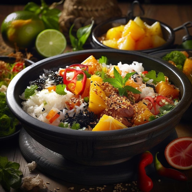 Foto uma tigela de comida com arroz, abacaxi e abacaxi