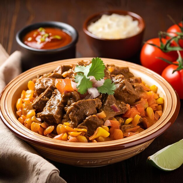 Foto uma tigela de comida com arroz, carne e legumes.