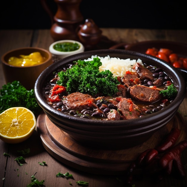 Uma tigela de comida com arroz e legumes em uma mesa.