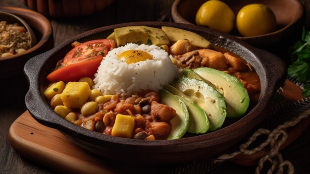 Foto uma tigela de comida com feijão, feijão e arroz.