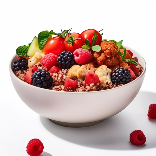 Uma tigela de comida com fundo branco e um monte de frutas vermelhas.