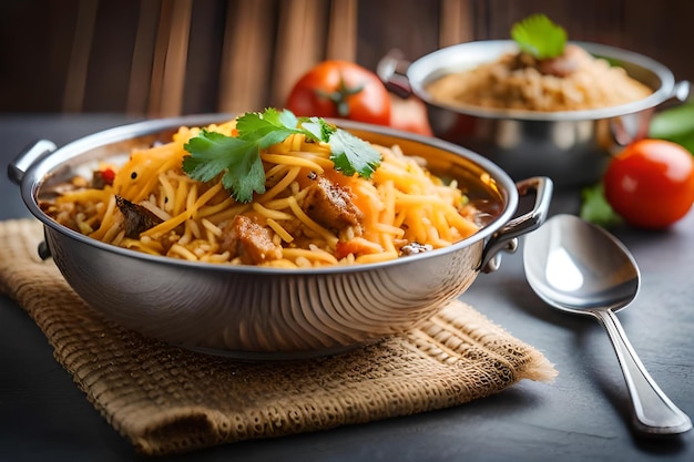 Foto uma tigela de comida com macarrão e carne