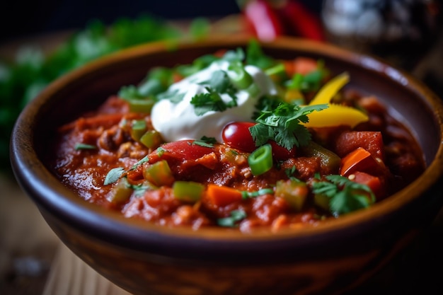 Uma tigela de comida com molho branco