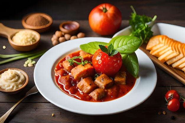 Uma tigela de comida com molho de tomate e um tomate ao lado.