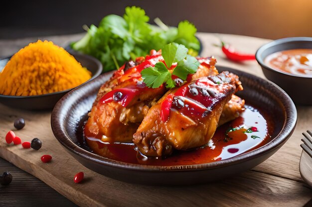 Uma tigela de comida com molho e uma tigela de sementes de romã vermelha ao lado.