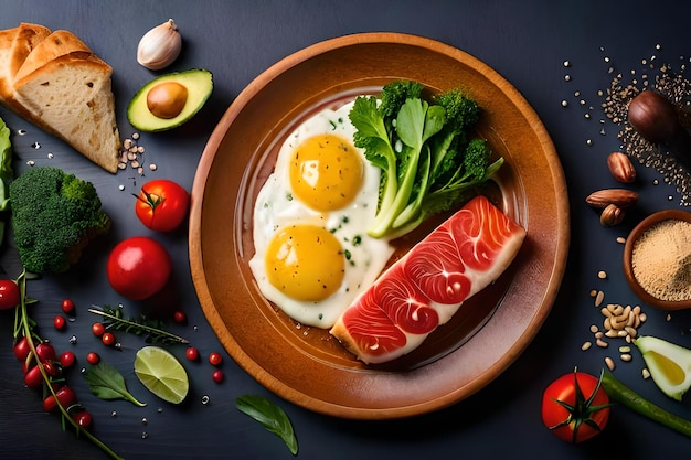 uma tigela de comida com ovos, carne, legumes e frutas.