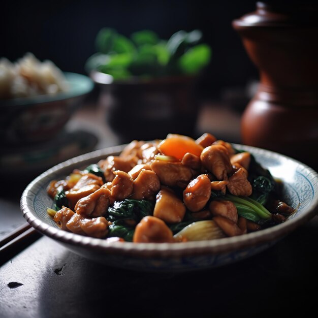 Uma tigela de comida com pauzinhos ao lado