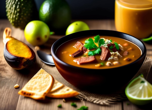 Uma tigela de comida com presunto e feijão em uma mesa ao lado de um copo de suco de laranja.