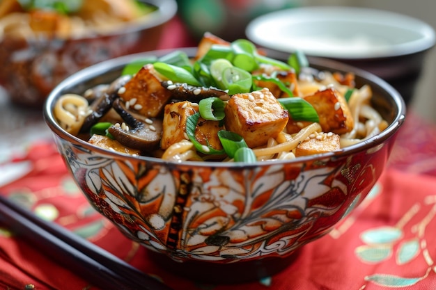 Uma tigela de comida com tofu e legumes.