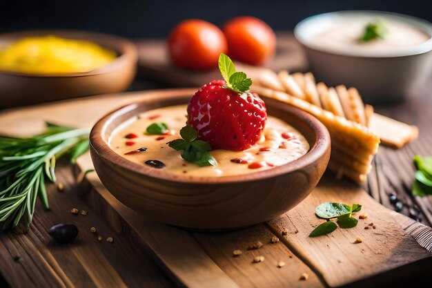 Foto uma tigela de comida com um morango e uma tigela de biscoitos com um morongo e biscoitos