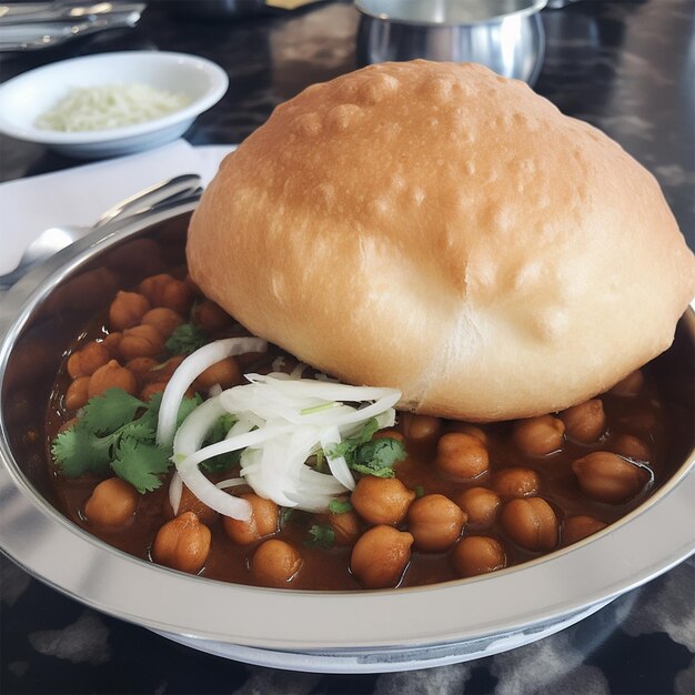 Foto uma tigela de comida com um pão