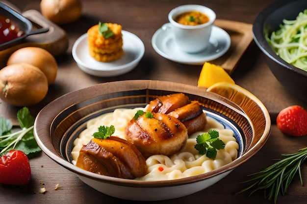 Uma tigela de comida com um prato de comida com vieiras por cima