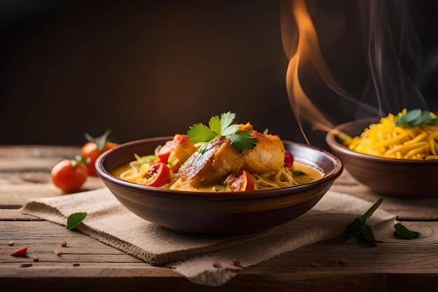 Uma tigela de comida com uma chama atrás dela