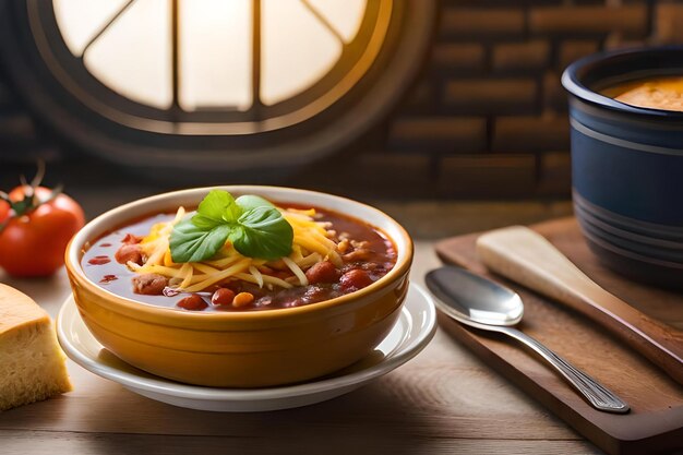 Foto uma tigela de comida com uma colher e uma colher na mesa