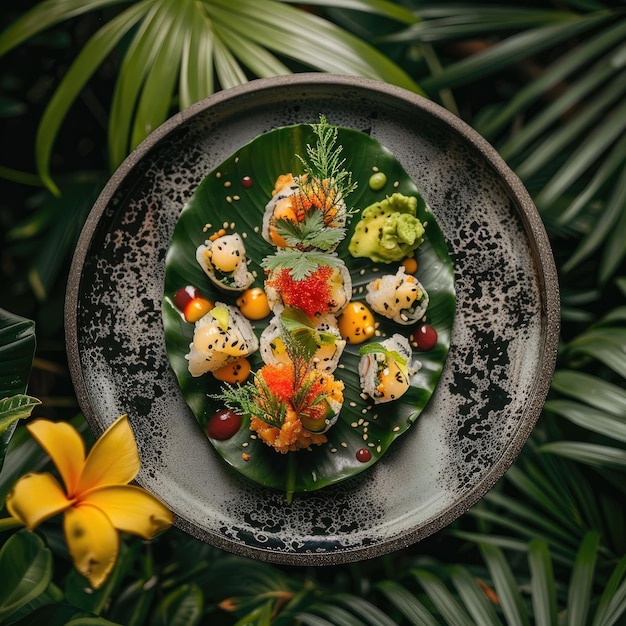 uma tigela de comida com uma flor e uma flor no meio