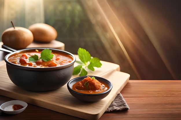 Uma tigela de comida com uma pequena tigela de sopa de tomate em uma mesa de madeira.
