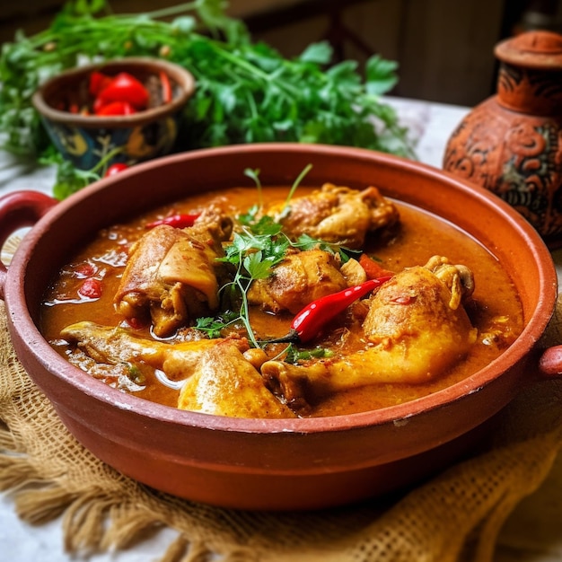 uma tigela de comida com uma pimenta vermelha