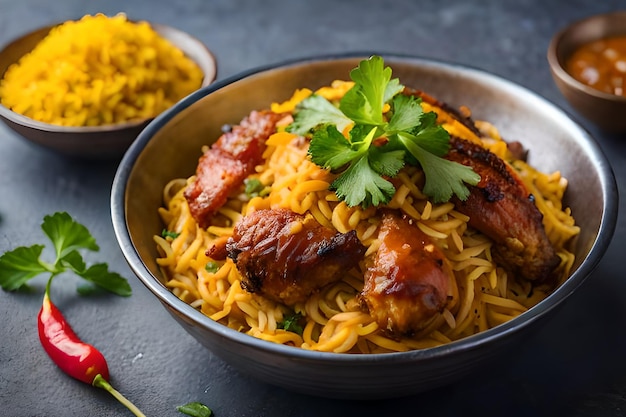 Uma tigela de comida com uma tigela de arroz amarelo e uma pimenta vermelha ao lado.