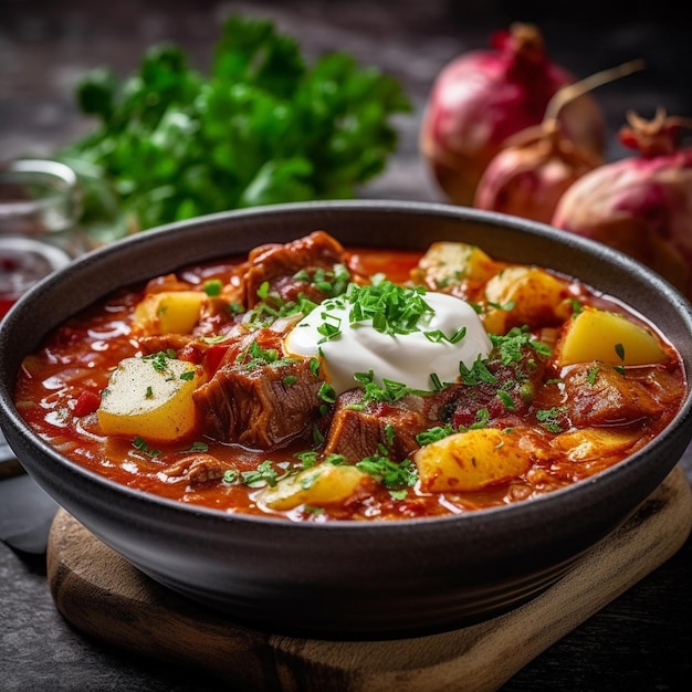 Uma tigela de comida com uma tigela de comida sobre ela