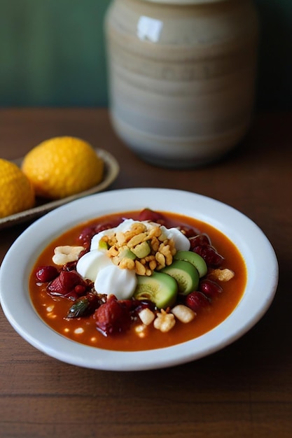 Foto uma tigela de comida com uma tigela de frutas do lado