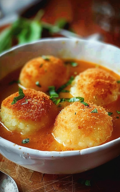 Uma tigela de comida com uma tigela de sopa com salsa em cima