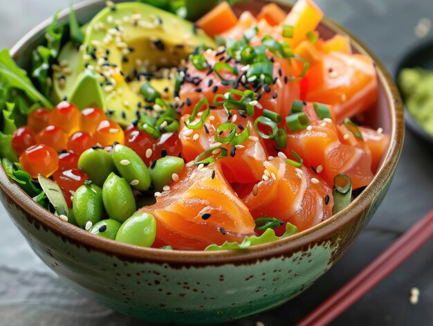 Uma tigela de comida com uma variedade de ingredientes, incluindo sementes de gergelim de abacate