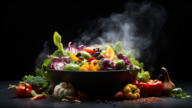 Uma tigela de comida com uma variedade de legumes e frutas