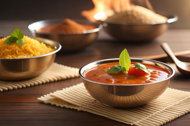 Uma tigela de comida indiana com uma colher e algumas outras tigelas de comida em uma mesa.