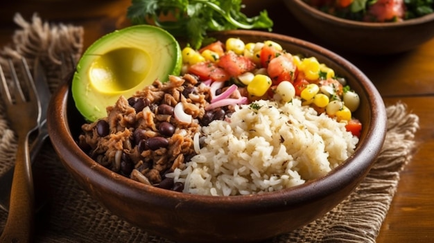 Uma tigela de comida mexicana com arroz, feijão, abacate e abacate.